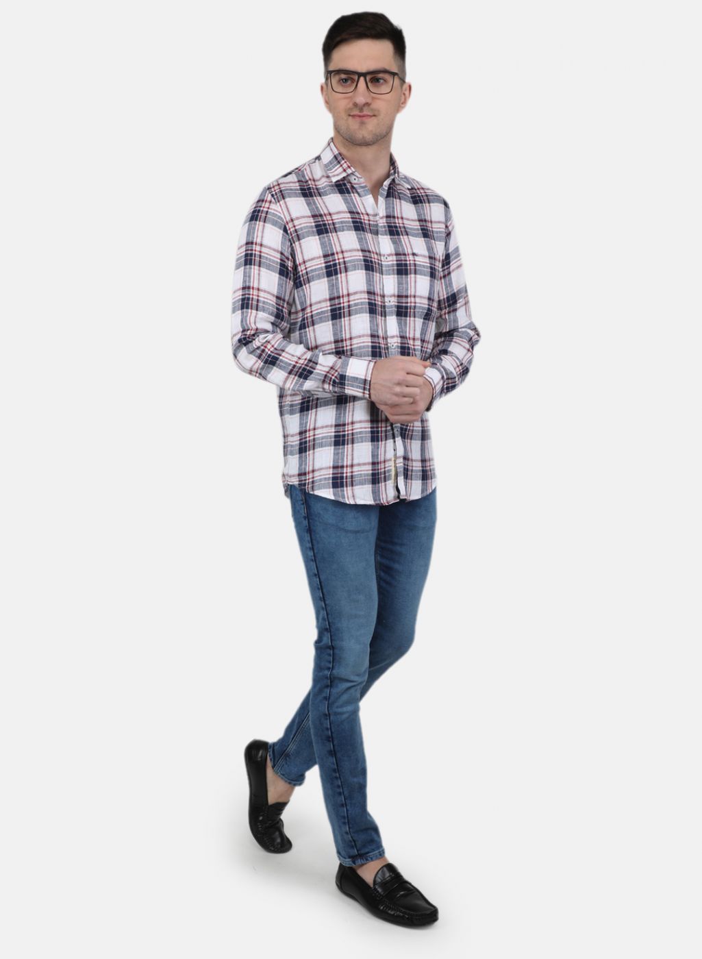 Men NAvy Blue Check Linen Shirt