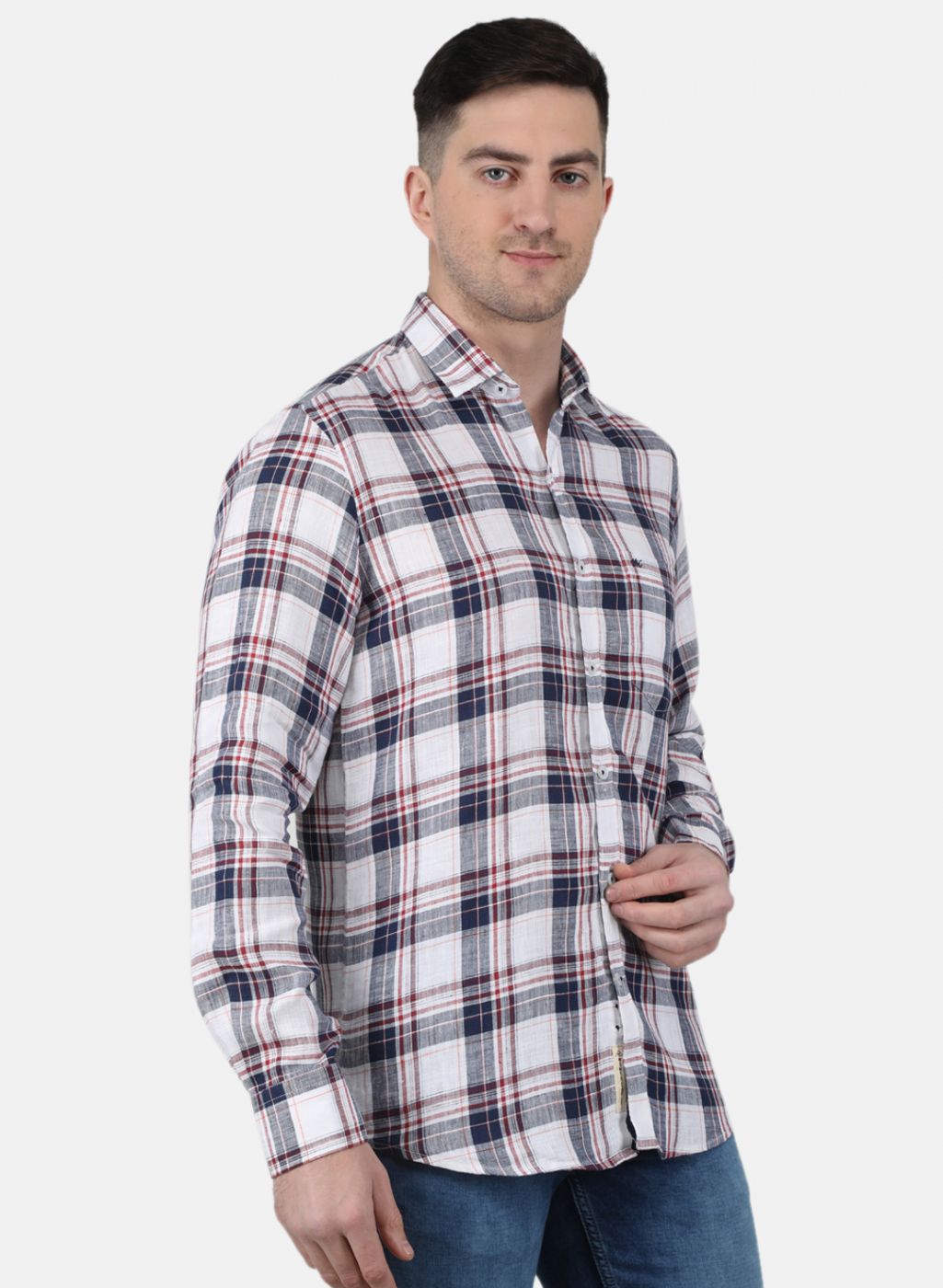 Men NAvy Blue Check Linen Shirt