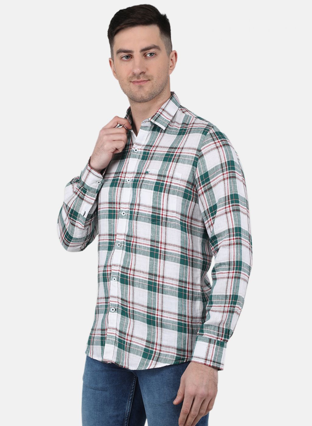 Men Green Check Linen Shirt