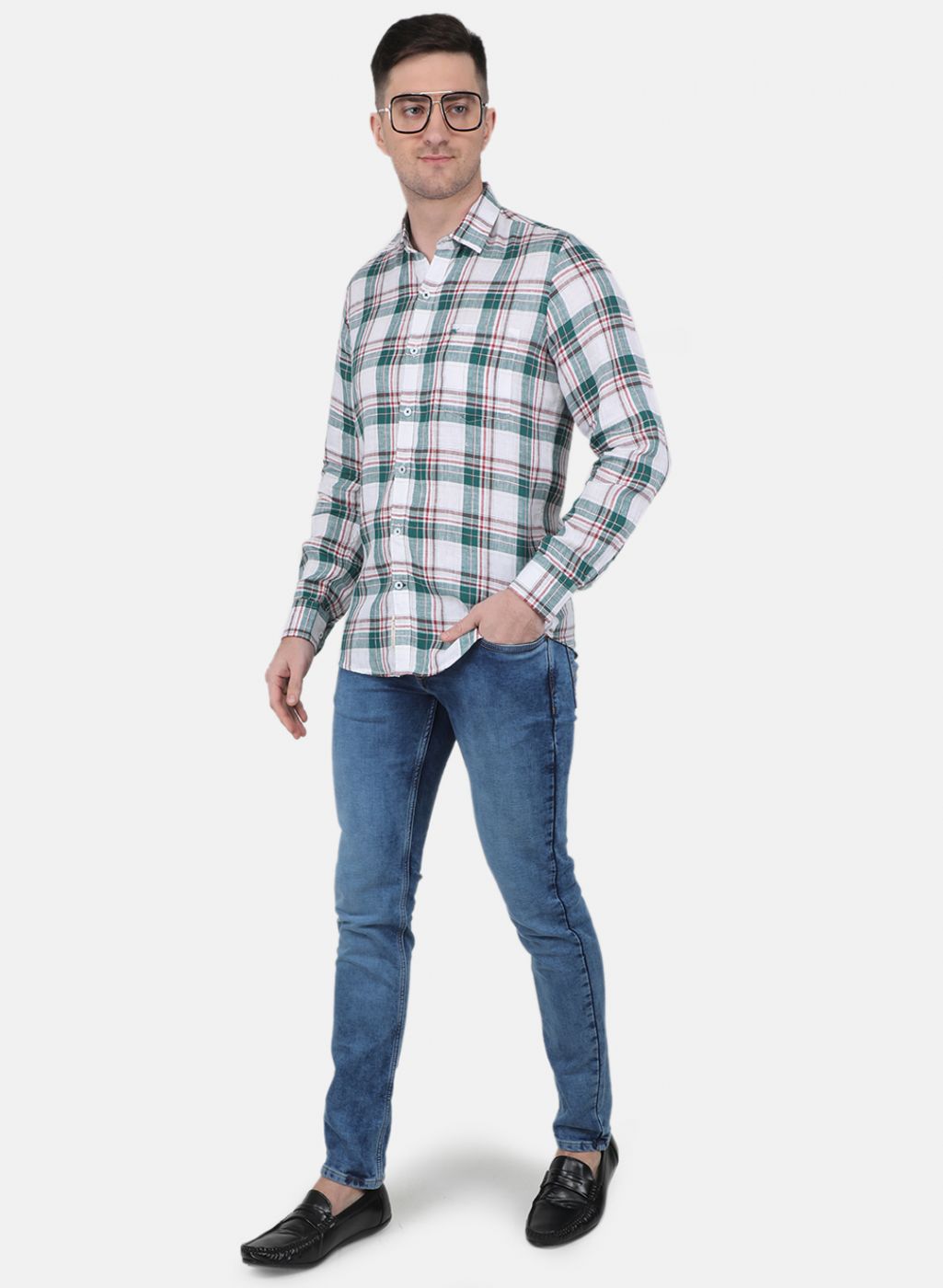 Men Green Check Linen Shirt