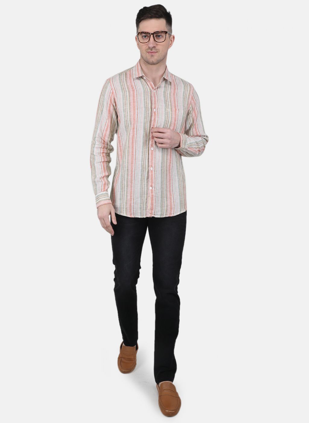 Men Beige Printed Linen Shirt
