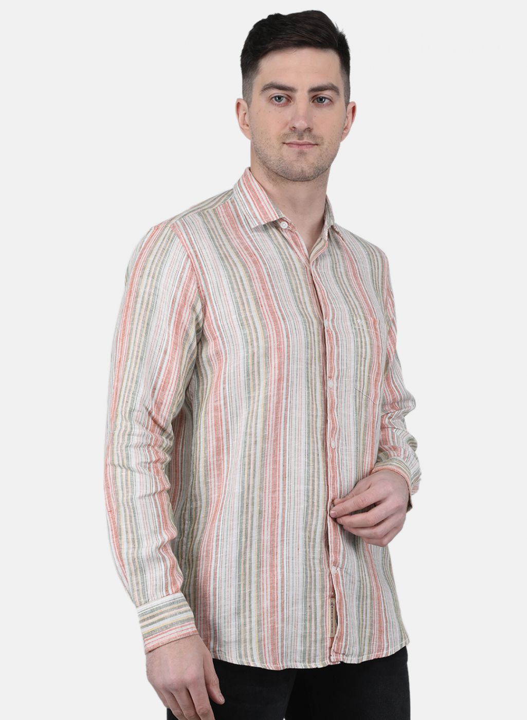 Men Beige Printed Linen Shirt