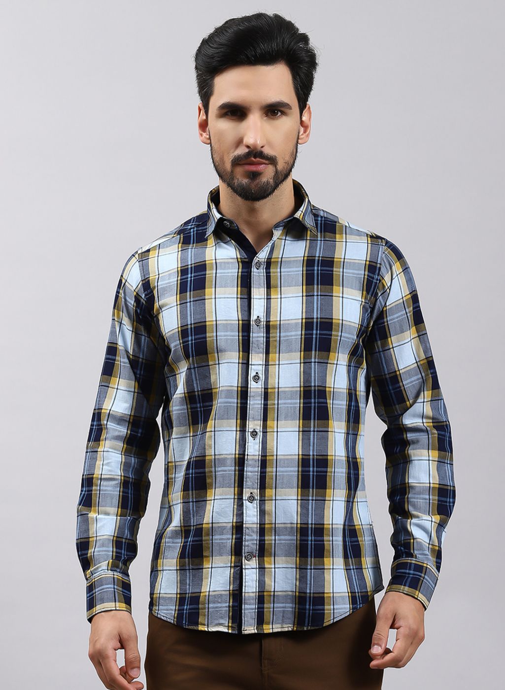 Men Mustard Check Pure Cotton Shirt