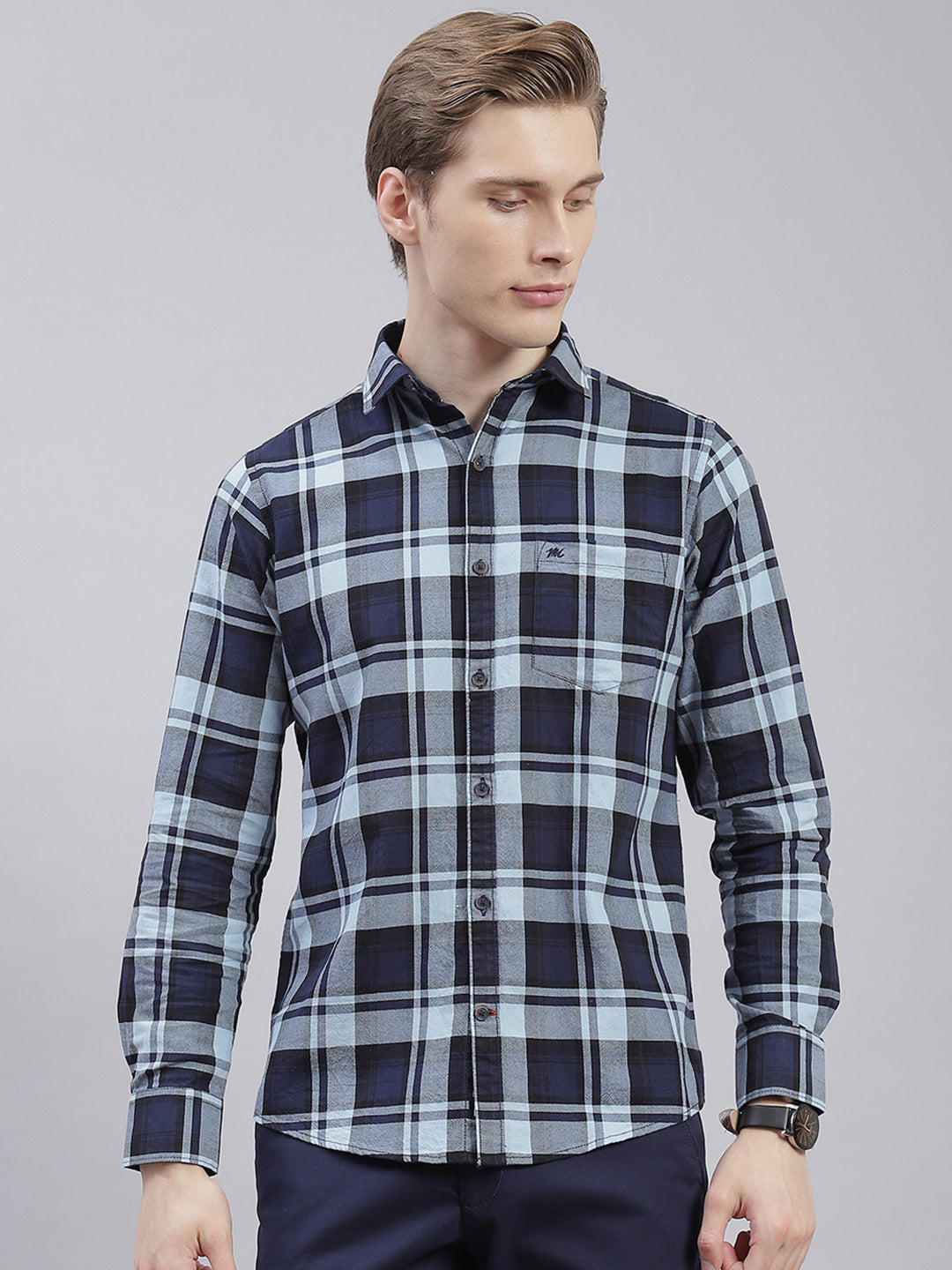 Men Blue Check Collar Full Sleeve Shirts
