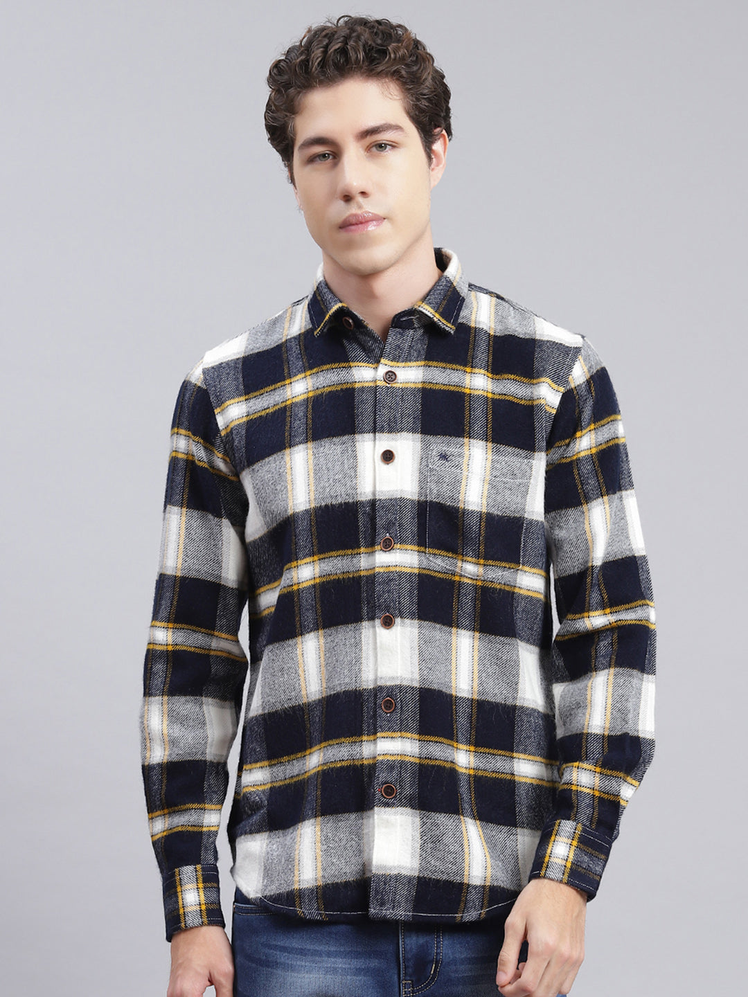 Men Navy Blue Check Poly Acrylic Shirt