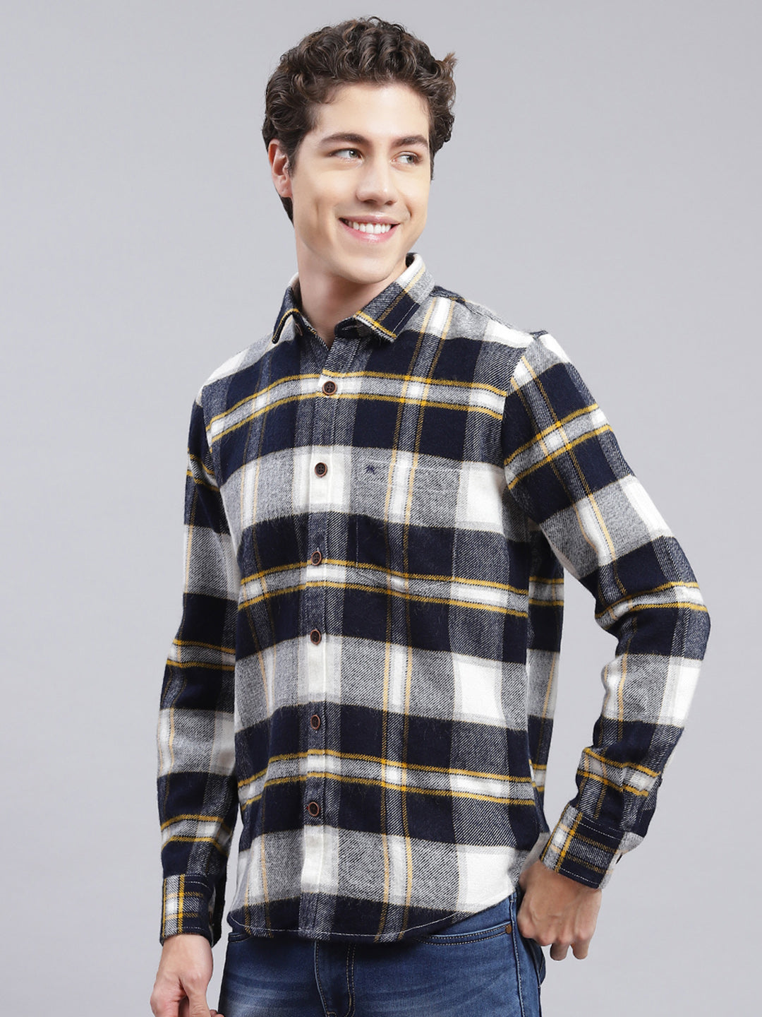 Men Navy Blue Check Poly Acrylic Shirt