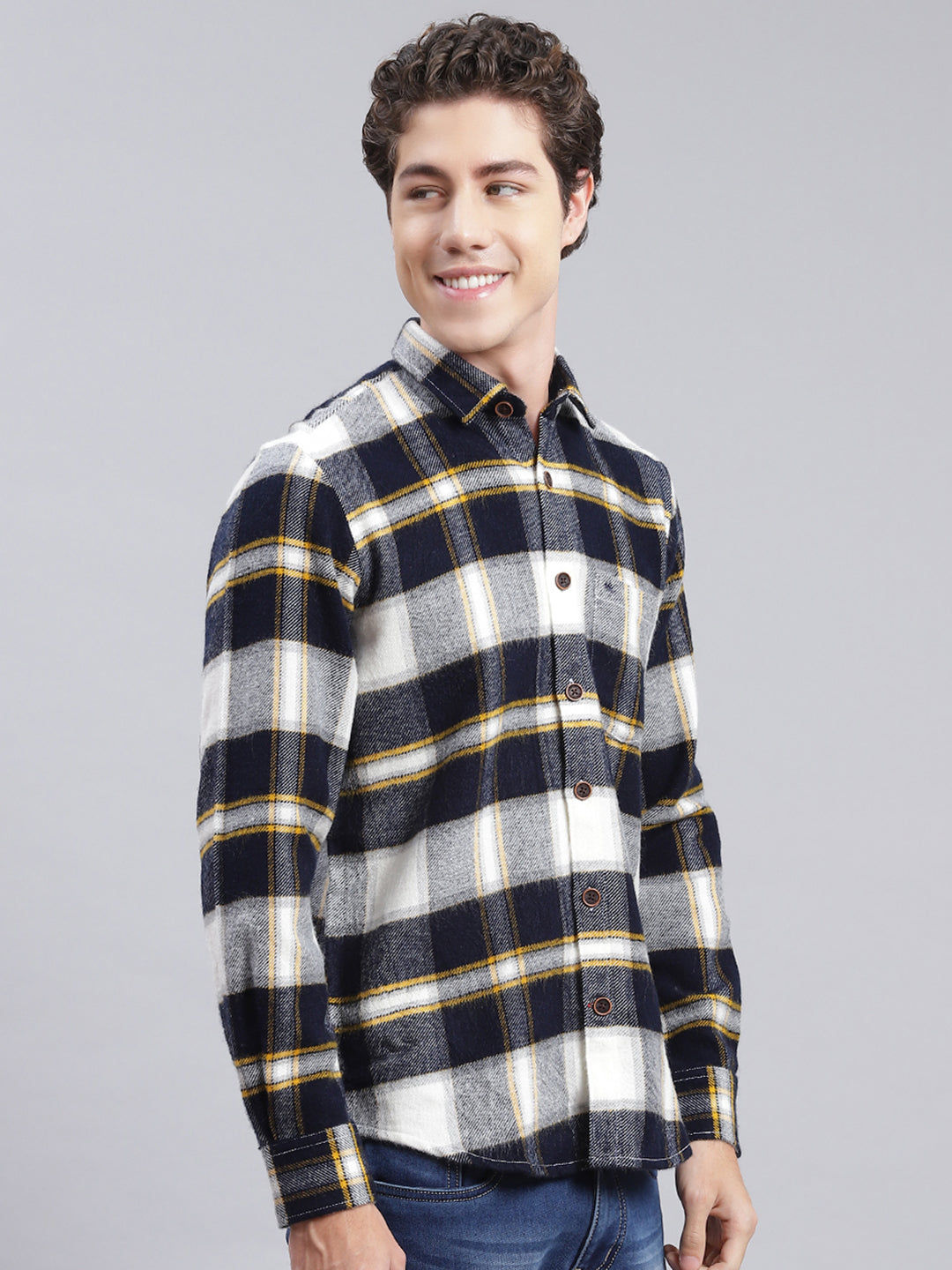 Men Navy Blue Check Poly Acrylic Shirt