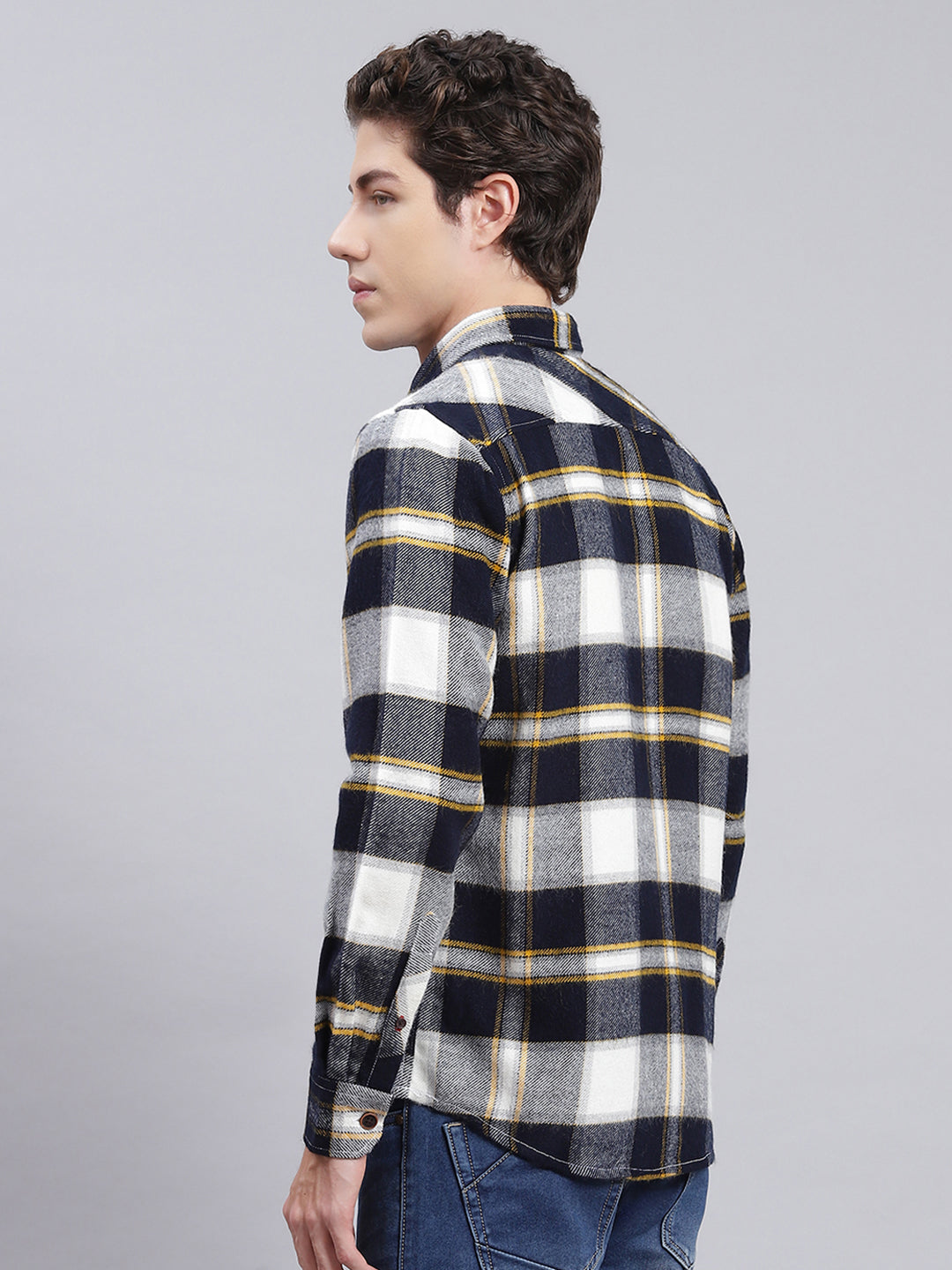 Men Navy Blue Check Poly Acrylic Shirt