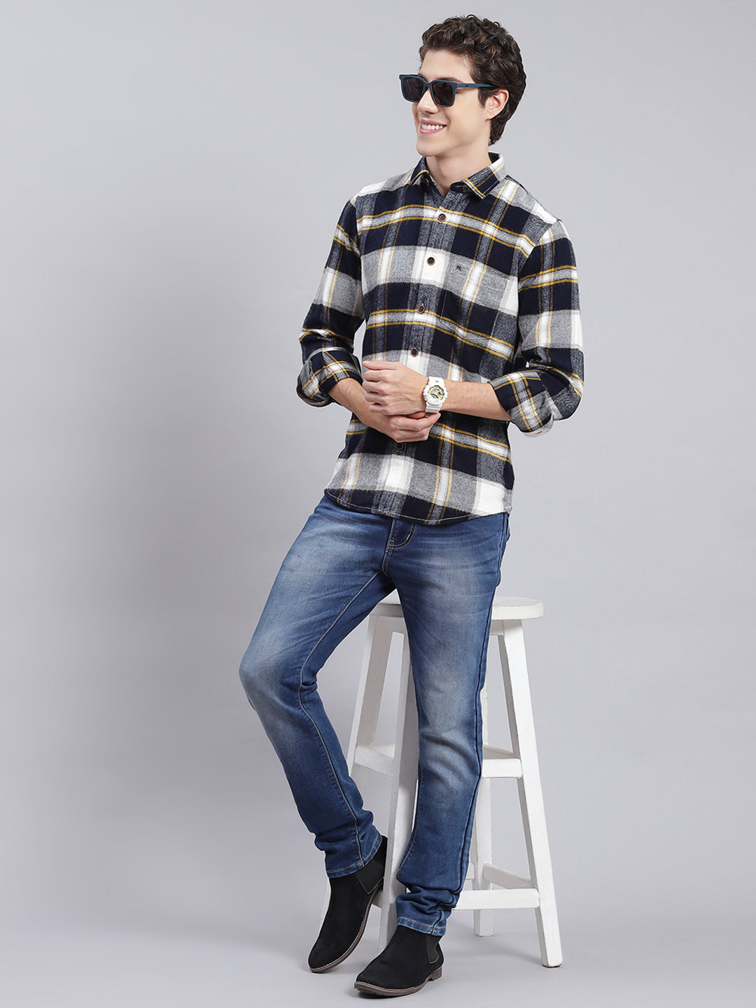 Men Navy Blue Check Poly Acrylic Shirt