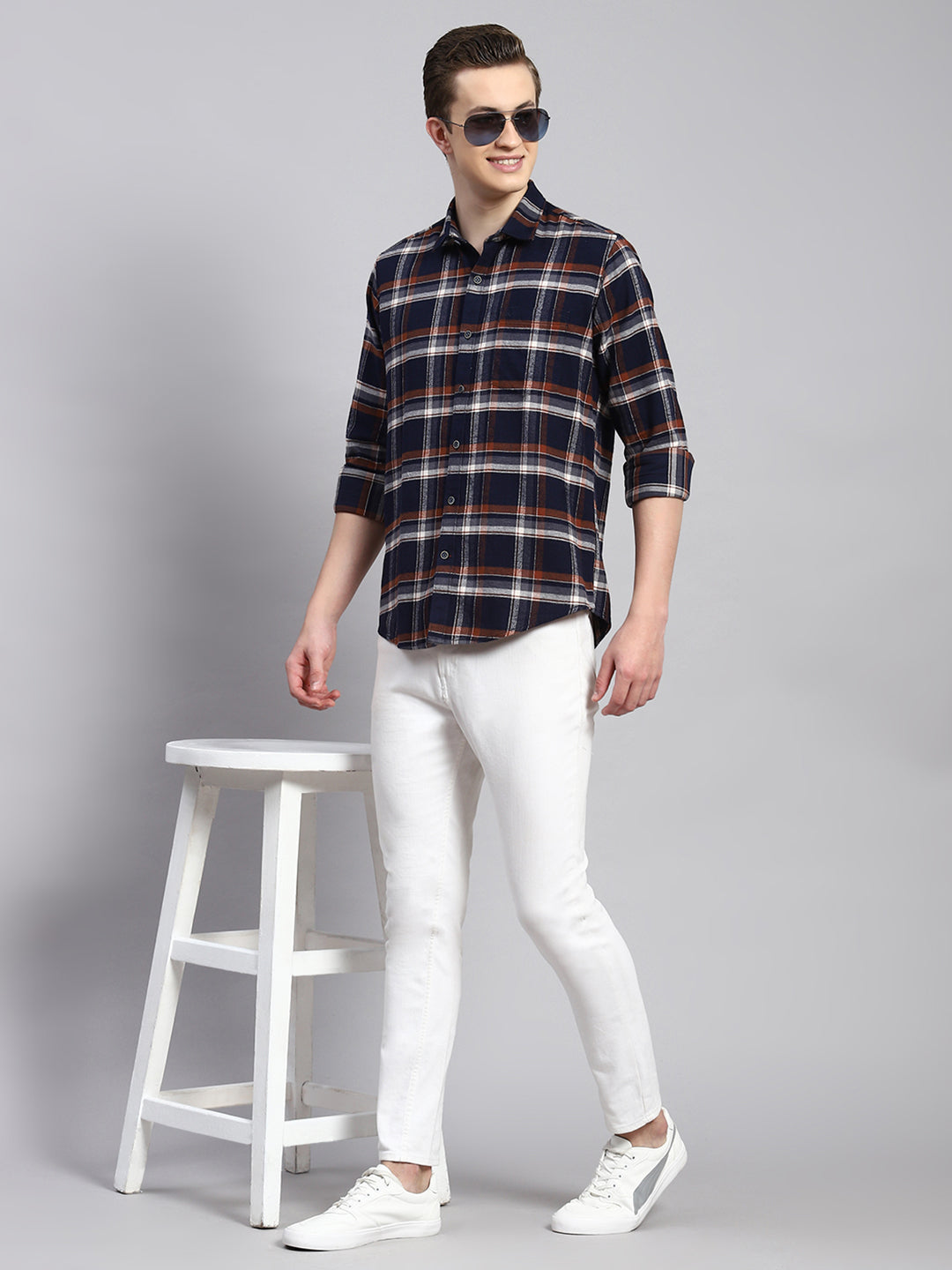 Men Navy Blue Check Shirt