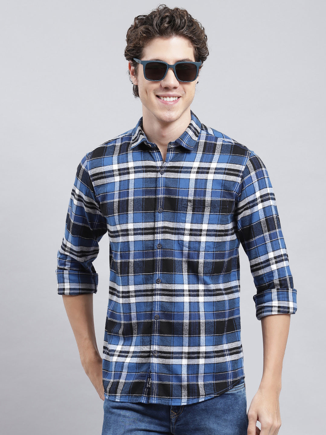 Men Navy Blue Check Shirt