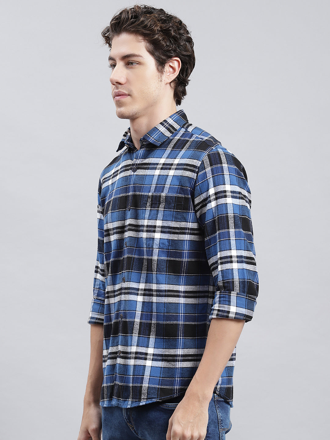 Men Navy Blue Check Shirt