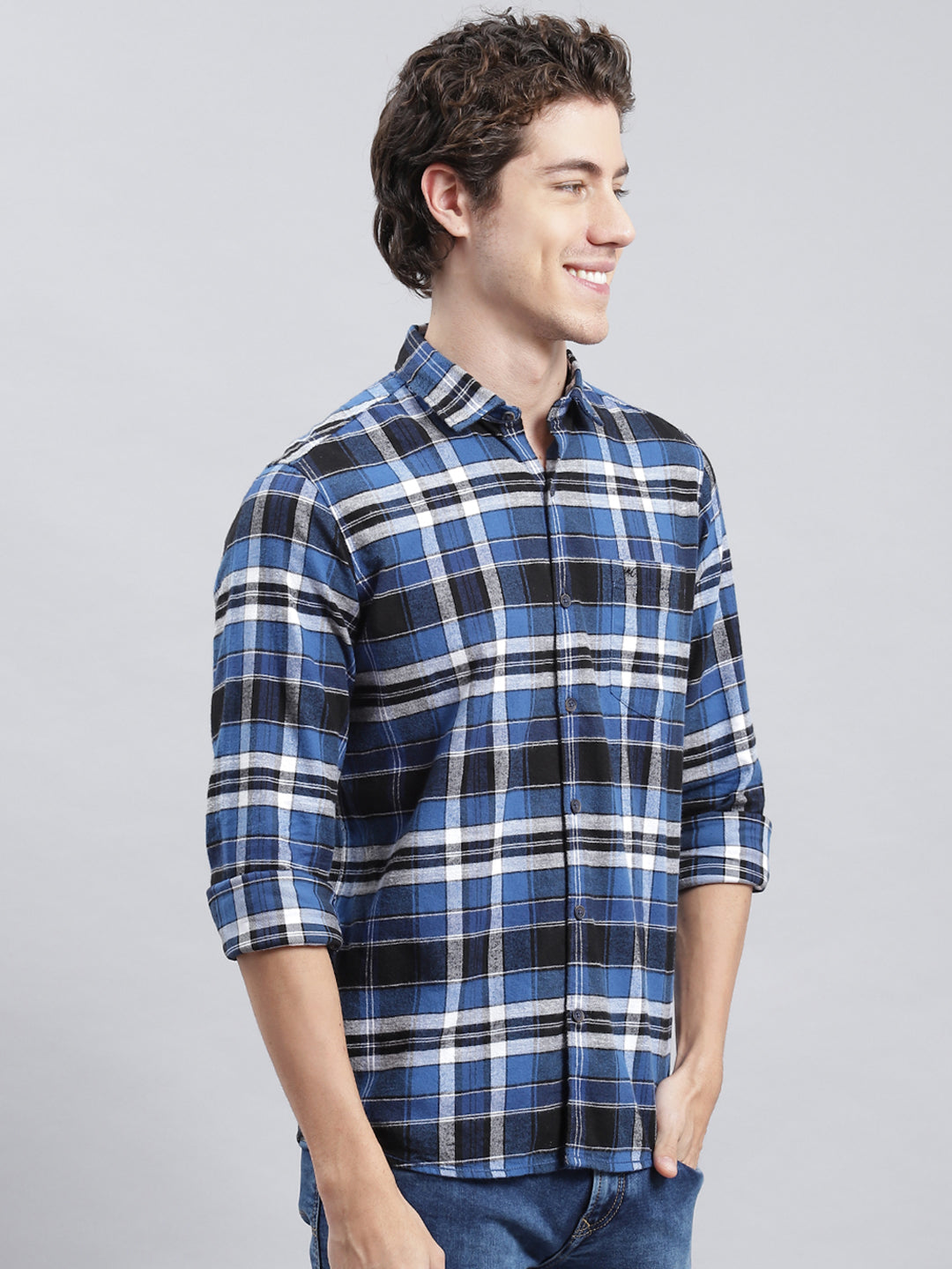 Men Navy Blue Check Shirt
