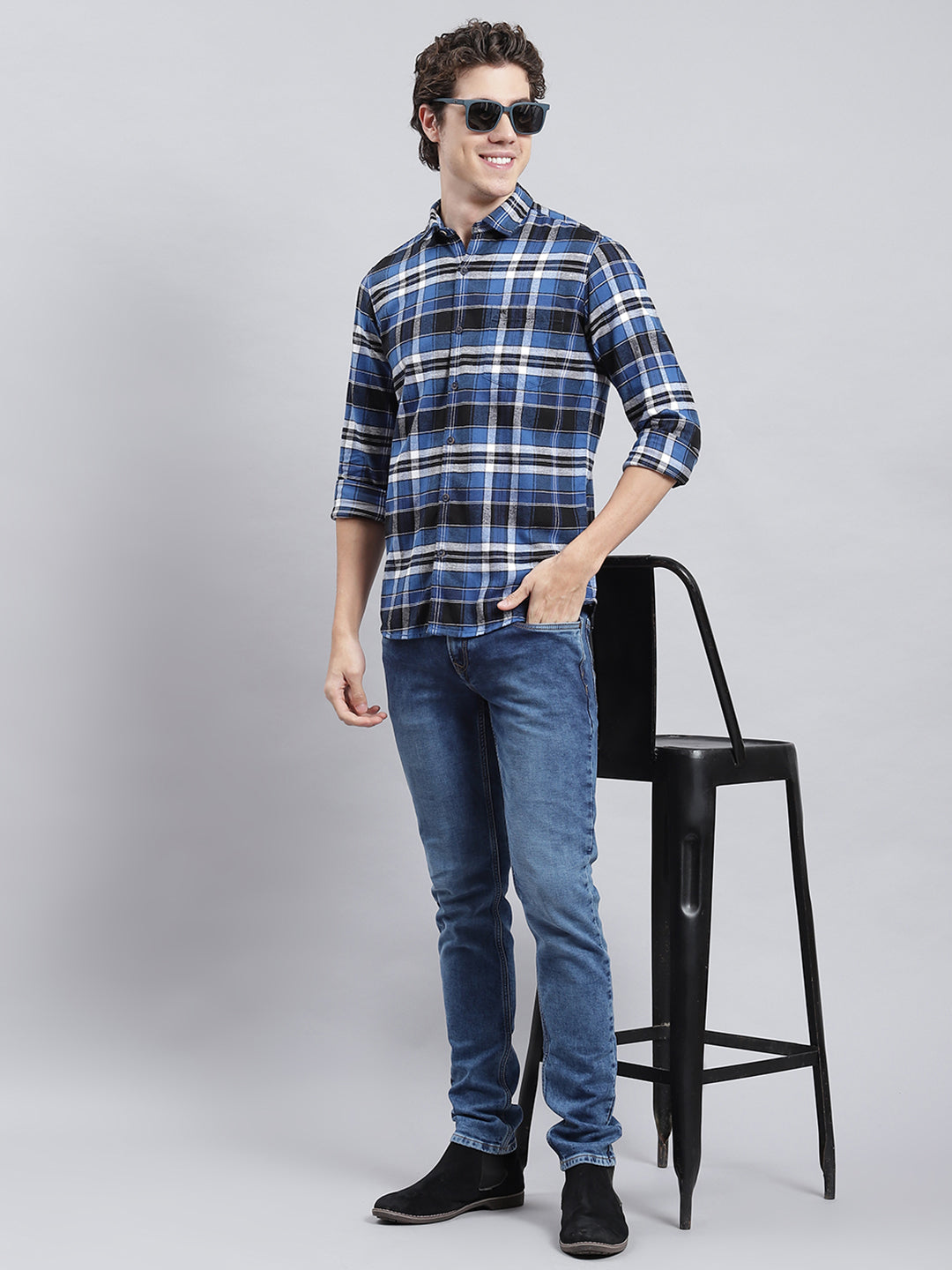 Men Navy Blue Check Shirt
