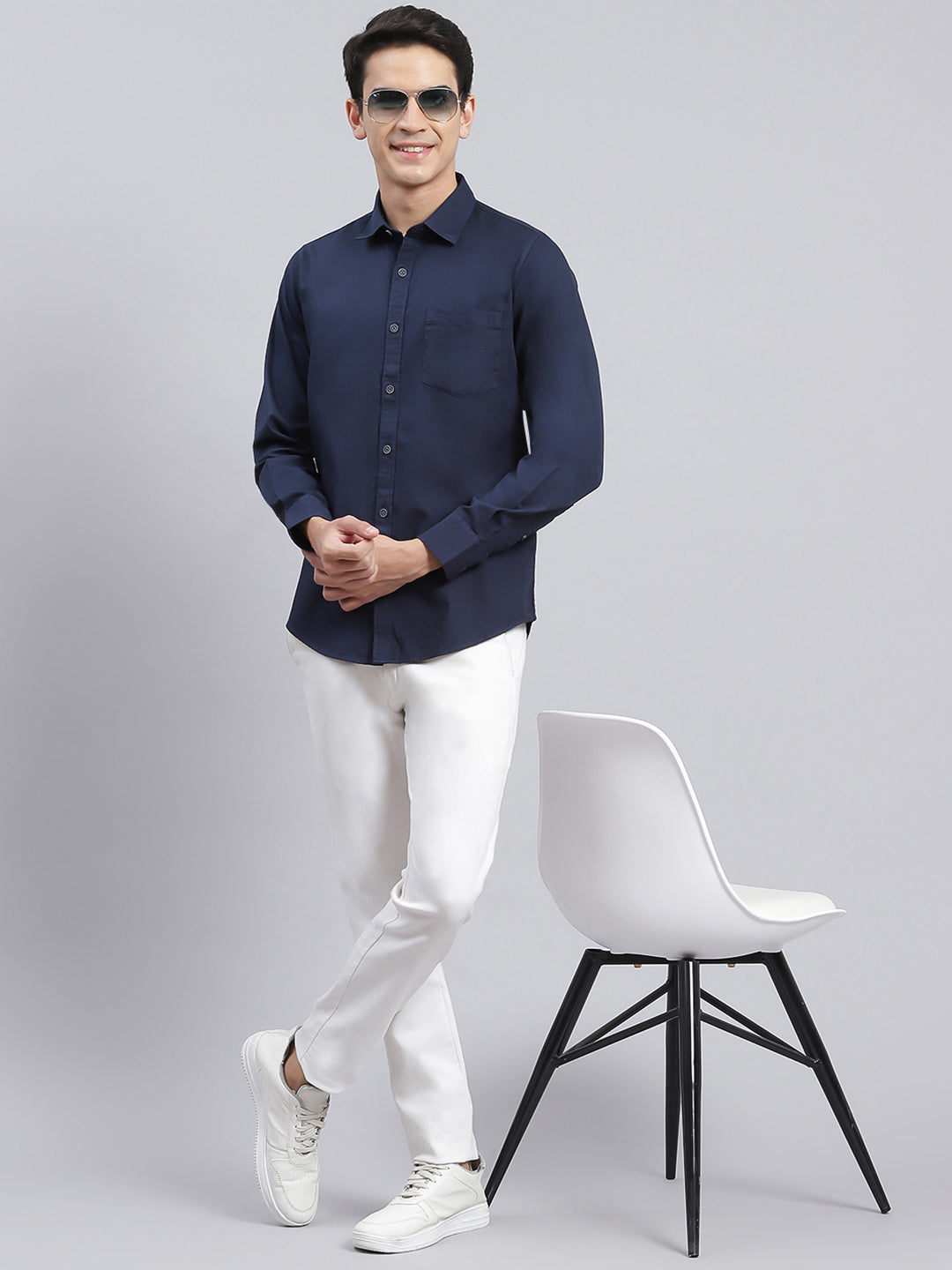 Men Navy Blue Solid Pure Cotton Shirt