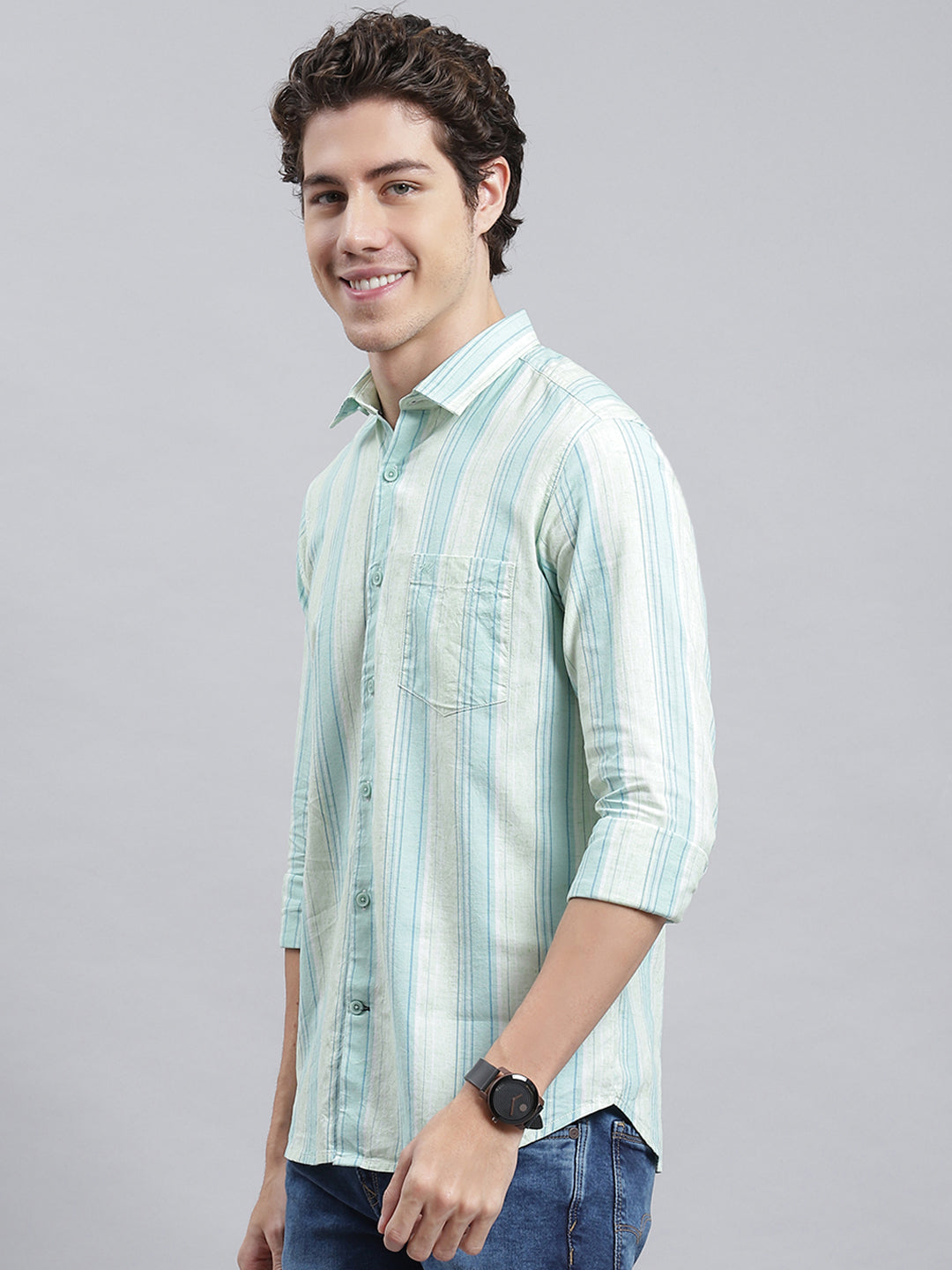Men Green Stripe Shirt