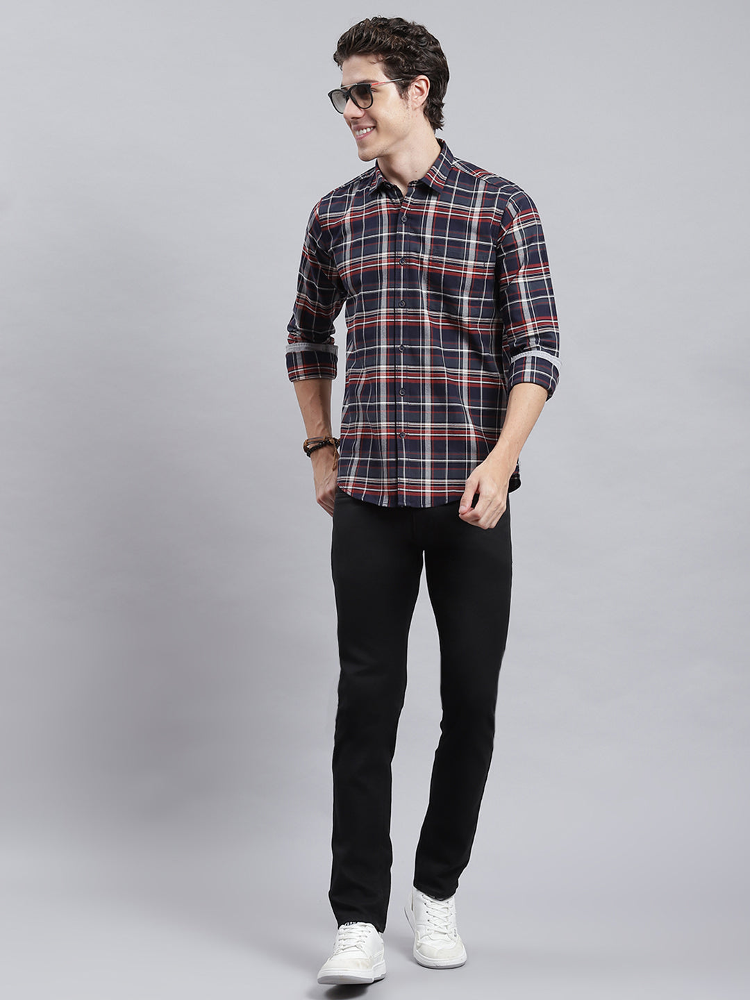 Men Navy Blue Check Shirt