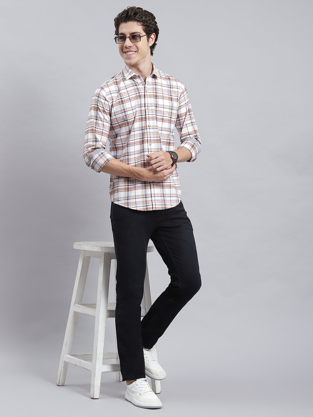 Men White Check Shirt