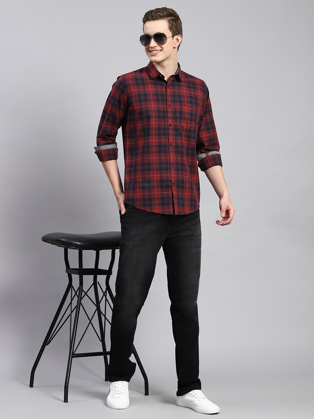 Men Maroon Check Shirt