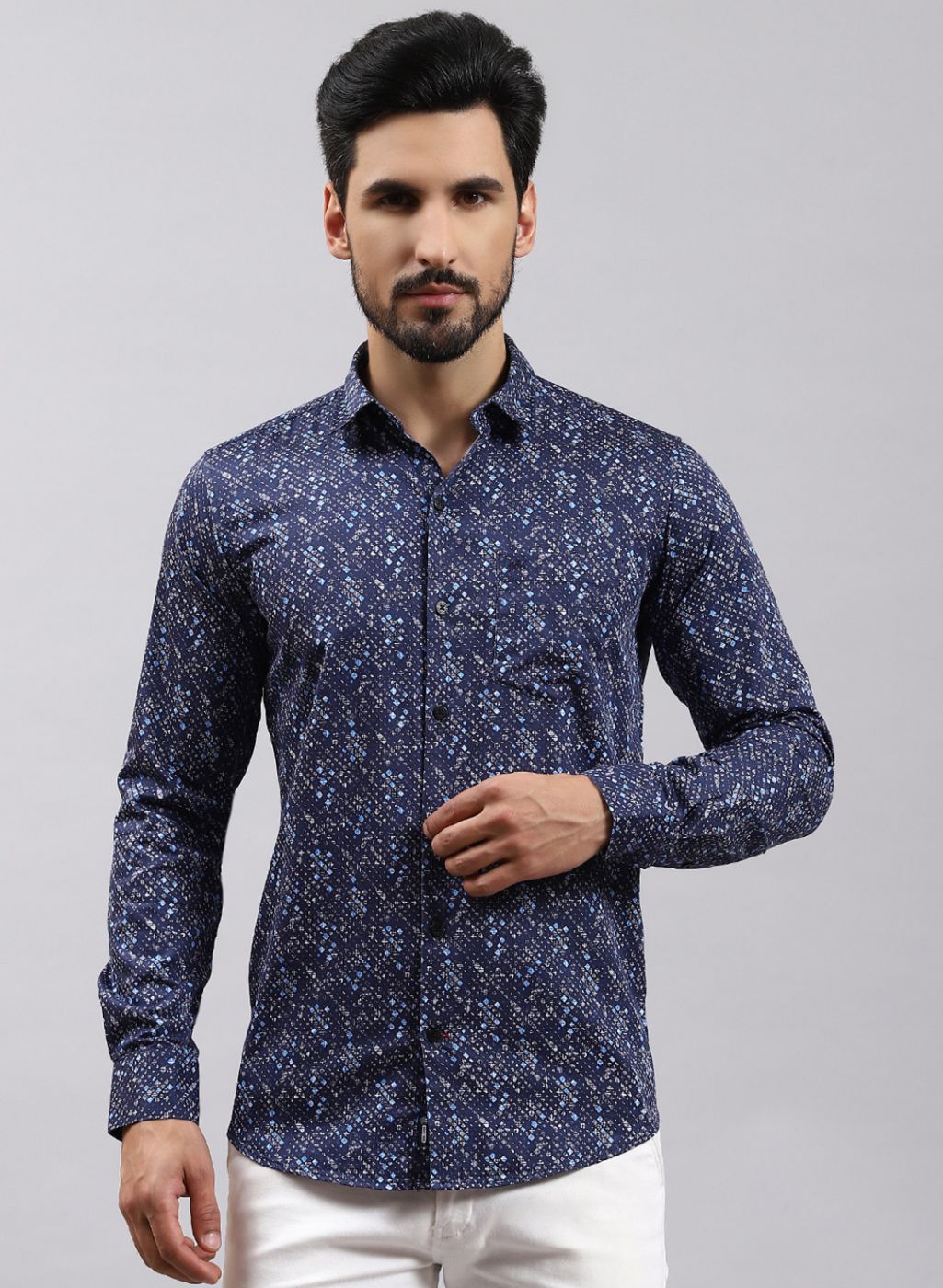 Men NAvy Blue Printed Pure Cotton Shirt