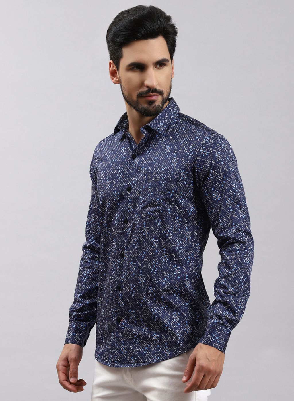 Men NAvy Blue Printed Pure Cotton Shirt