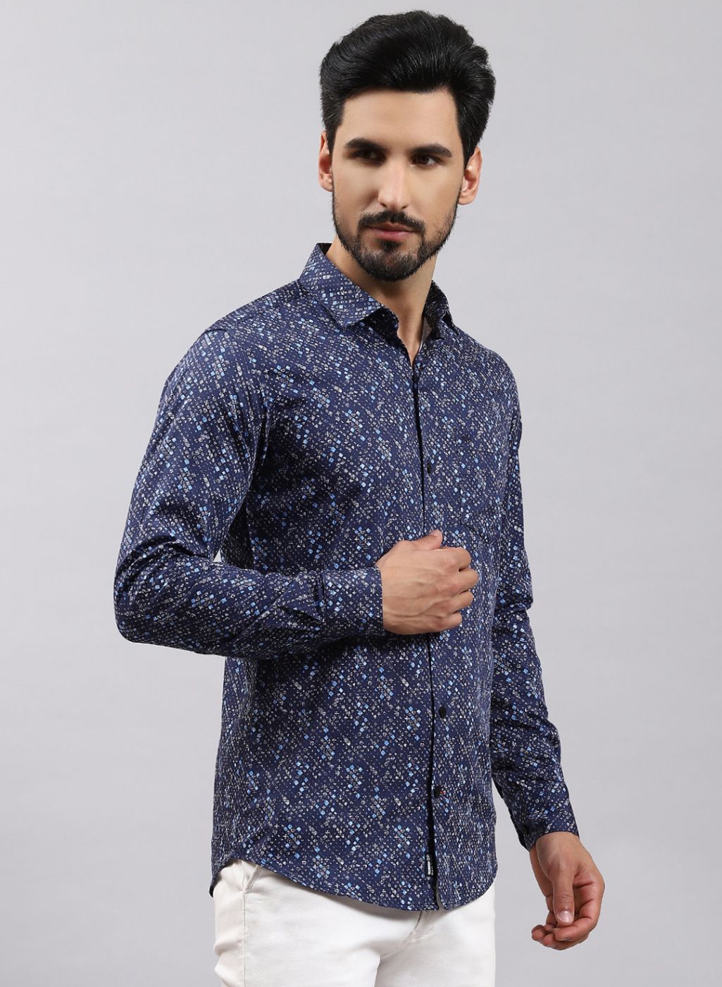 Men NAvy Blue Printed Pure Cotton Shirt - Main Image