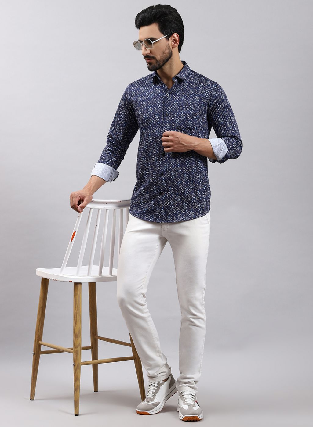 Men NAvy Blue Printed Pure Cotton Shirt