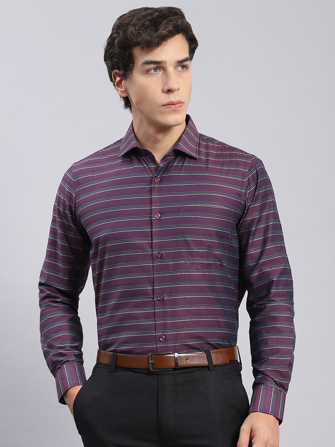 Men Maroon Stripe Spread Collar Full Sleeve Shirts