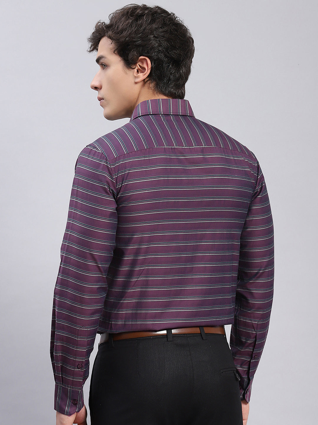 Men Maroon Stripe Spread Collar Full Sleeve Shirts
