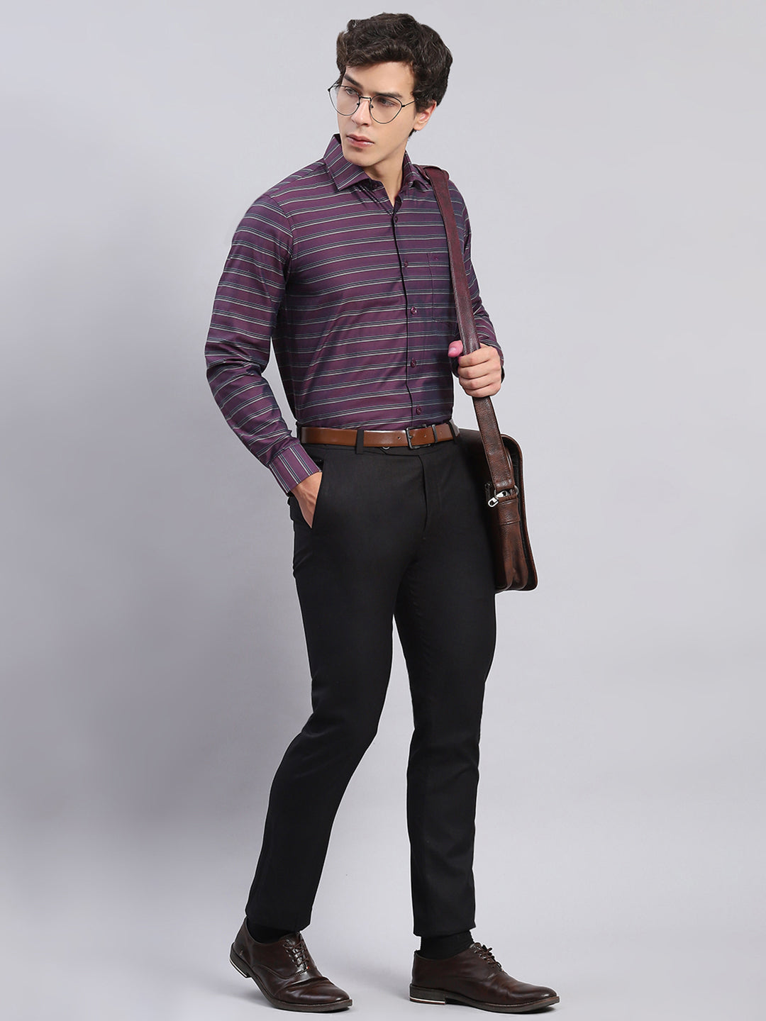 Men Maroon Stripe Spread Collar Full Sleeve Shirts