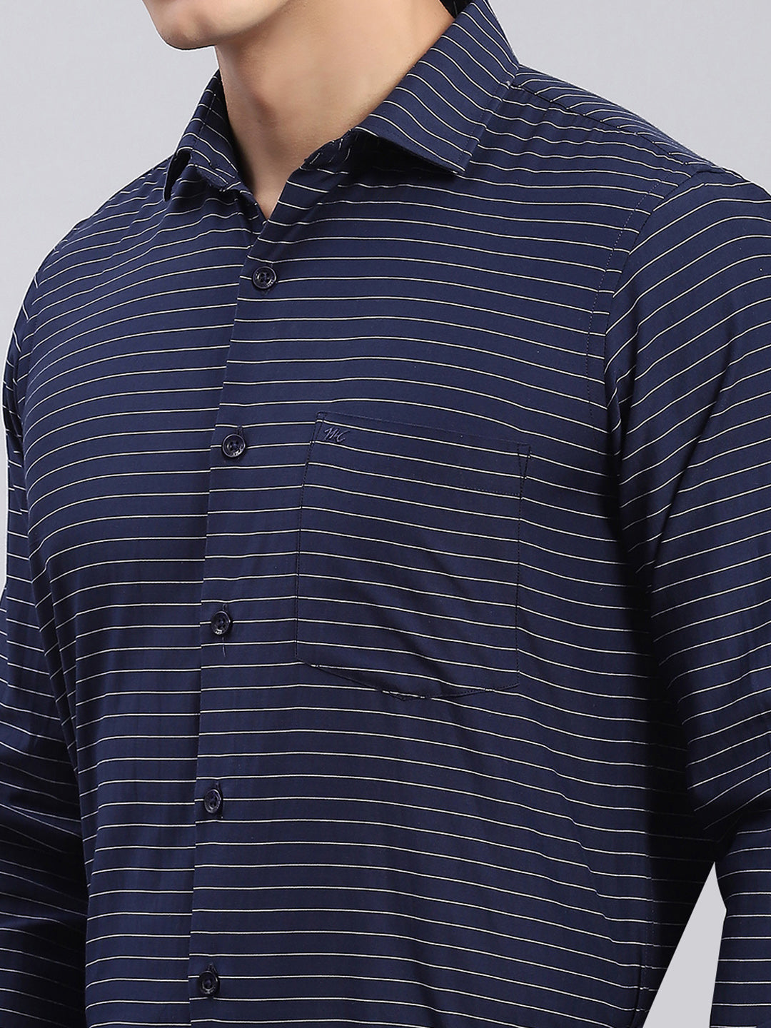 Men Navy Blue Stripe Spread Collar Full Sleeve Shirts