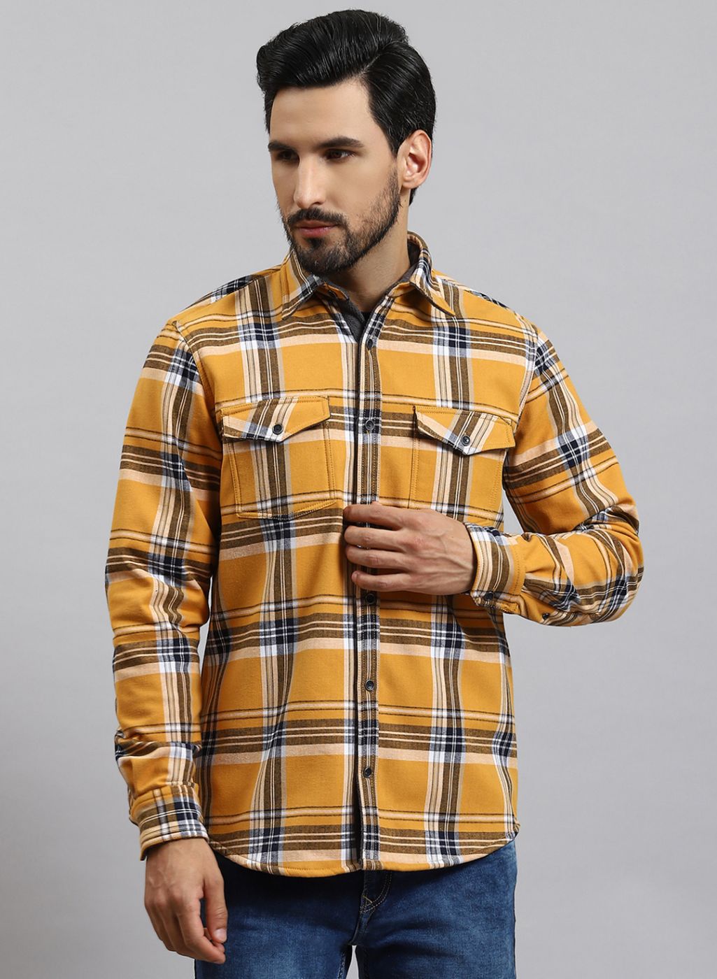 Men Mustard Check Cotton Blend Shirt