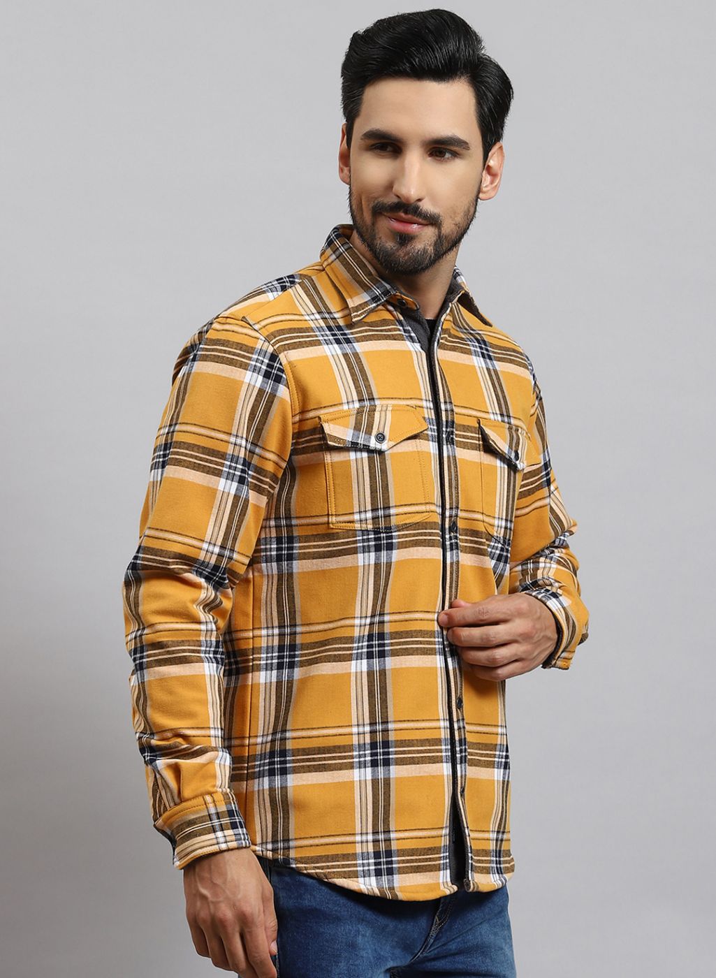 Men Mustard Check Cotton Blend Shirt