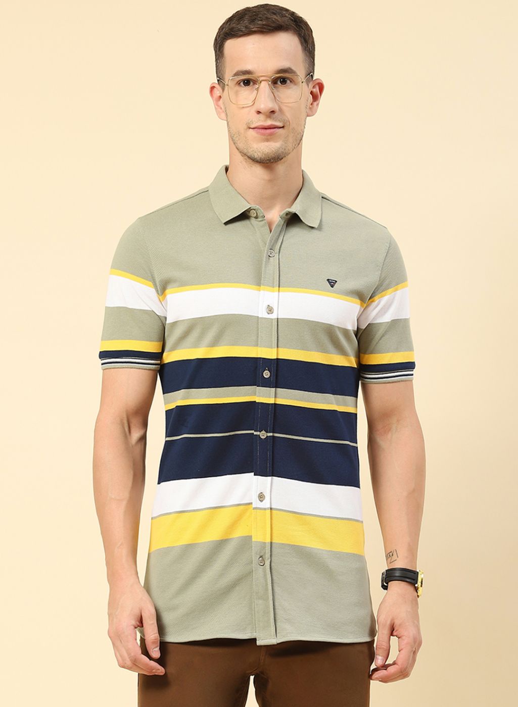 Men Green Stripe Knitted Shirt