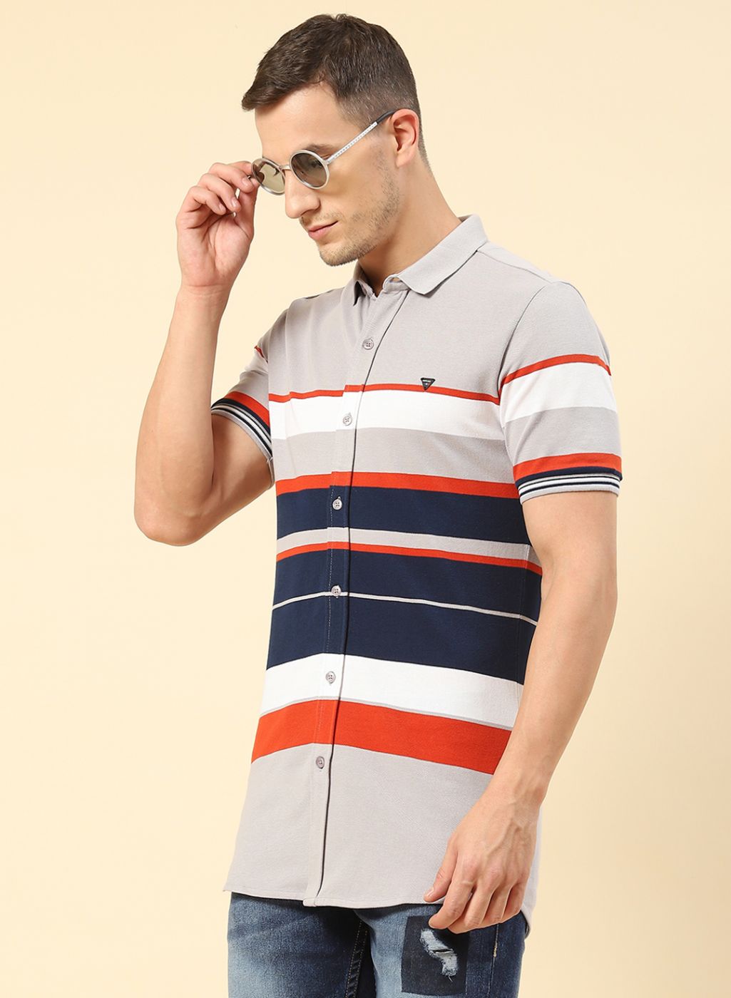 Men Grey Stripe Knitted Shirt