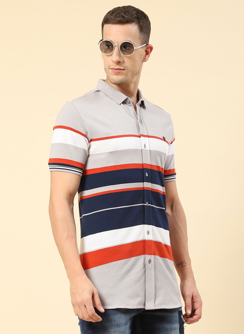 Men Grey Stripe Knitted Shirt