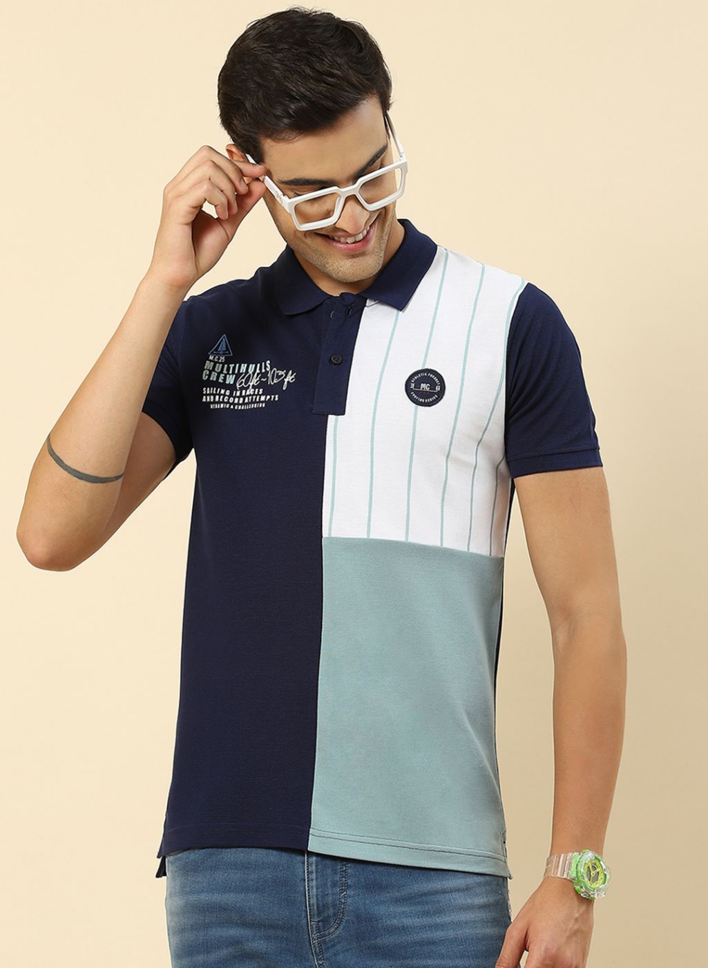 Men Blue Printed Collar Half Sleeve T-Shirt