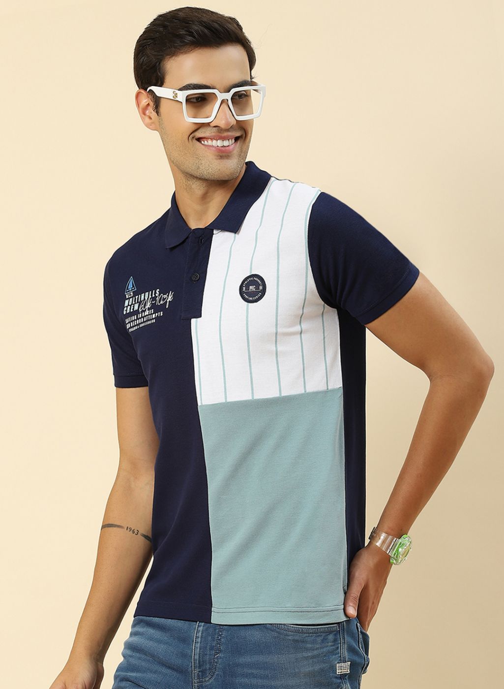 Men Blue Printed Collar Half Sleeve T-Shirt