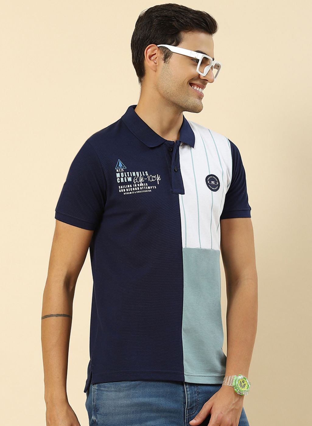 Men Blue Printed Collar Half Sleeve T-Shirt