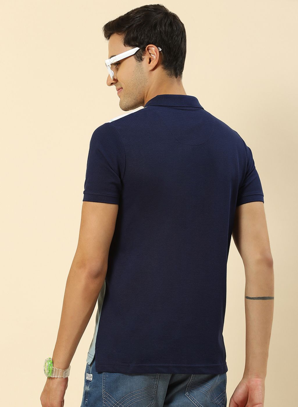 Men Blue Printed Collar Half Sleeve T-Shirt