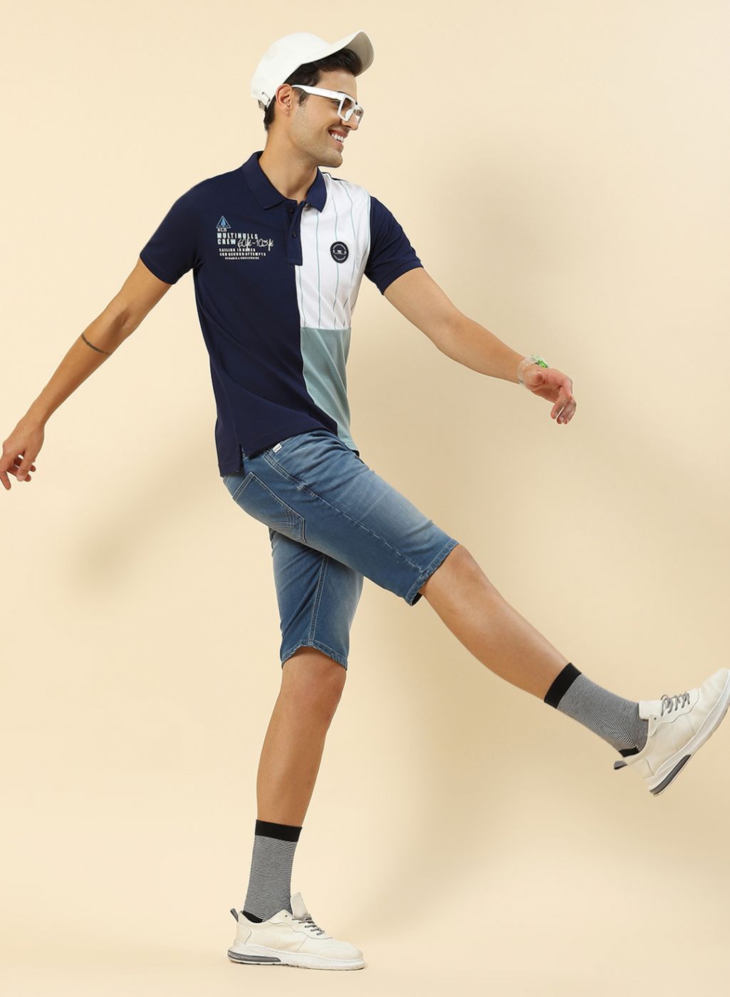 Men Blue Printed Collar Half Sleeve T-Shirt