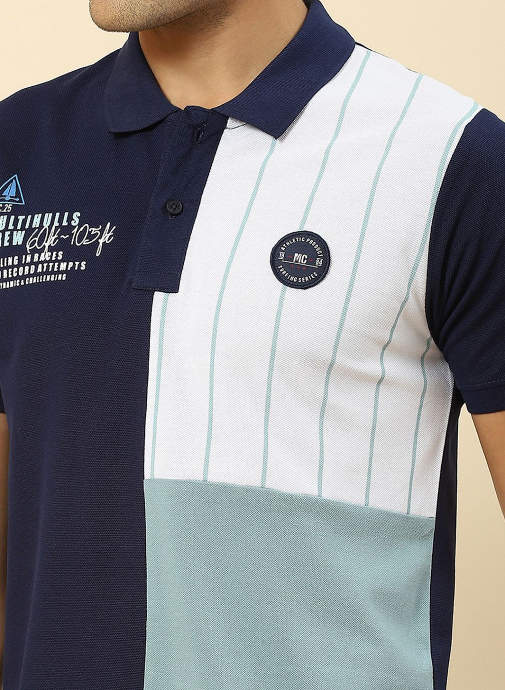 Men Blue Printed Collar Half Sleeve T-Shirt