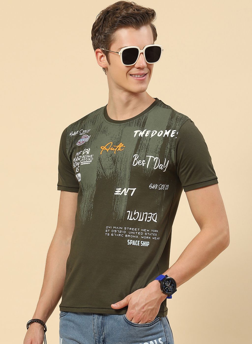 Men Olive Printed T-Shirt