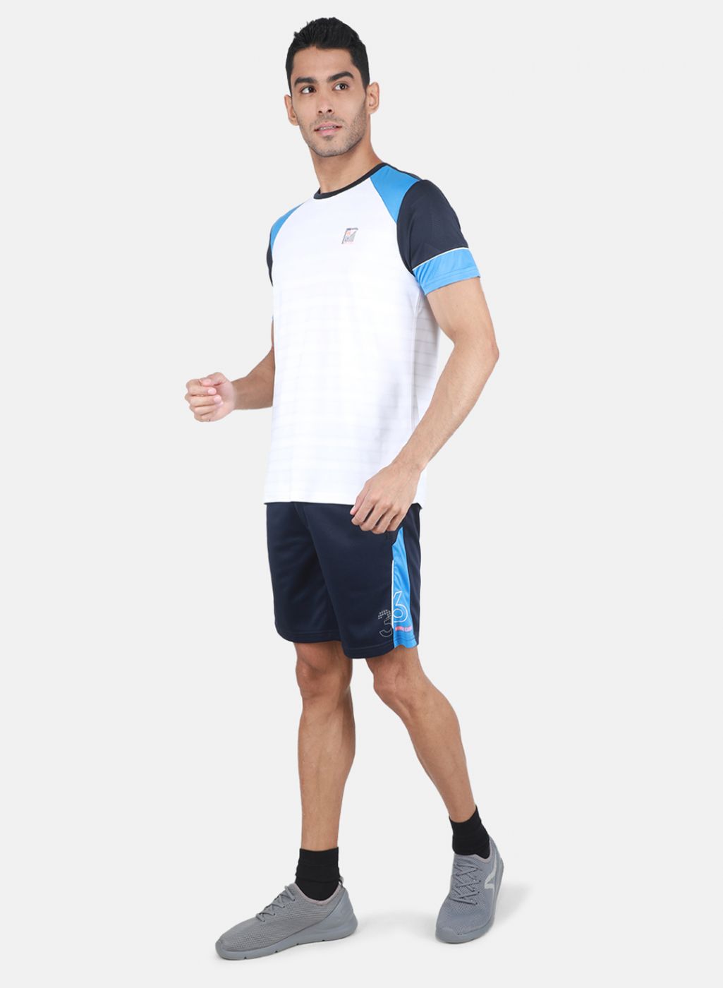 Men White & NAvy Blue Solid Bermuda Set