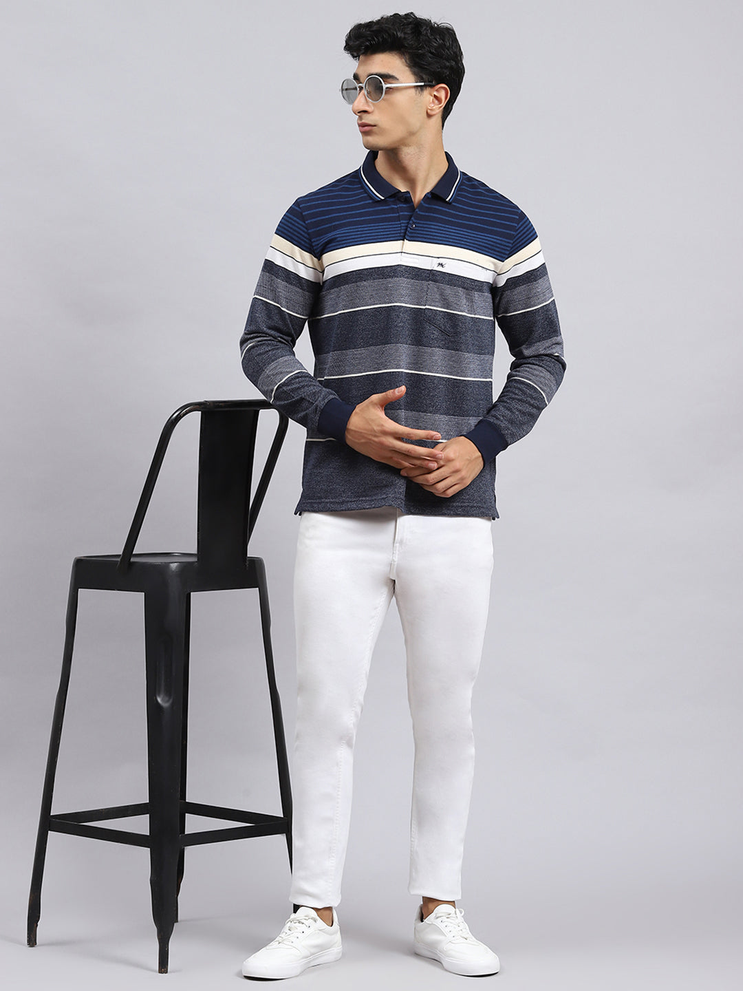 Men Navy Blue Stripe T-Shirt