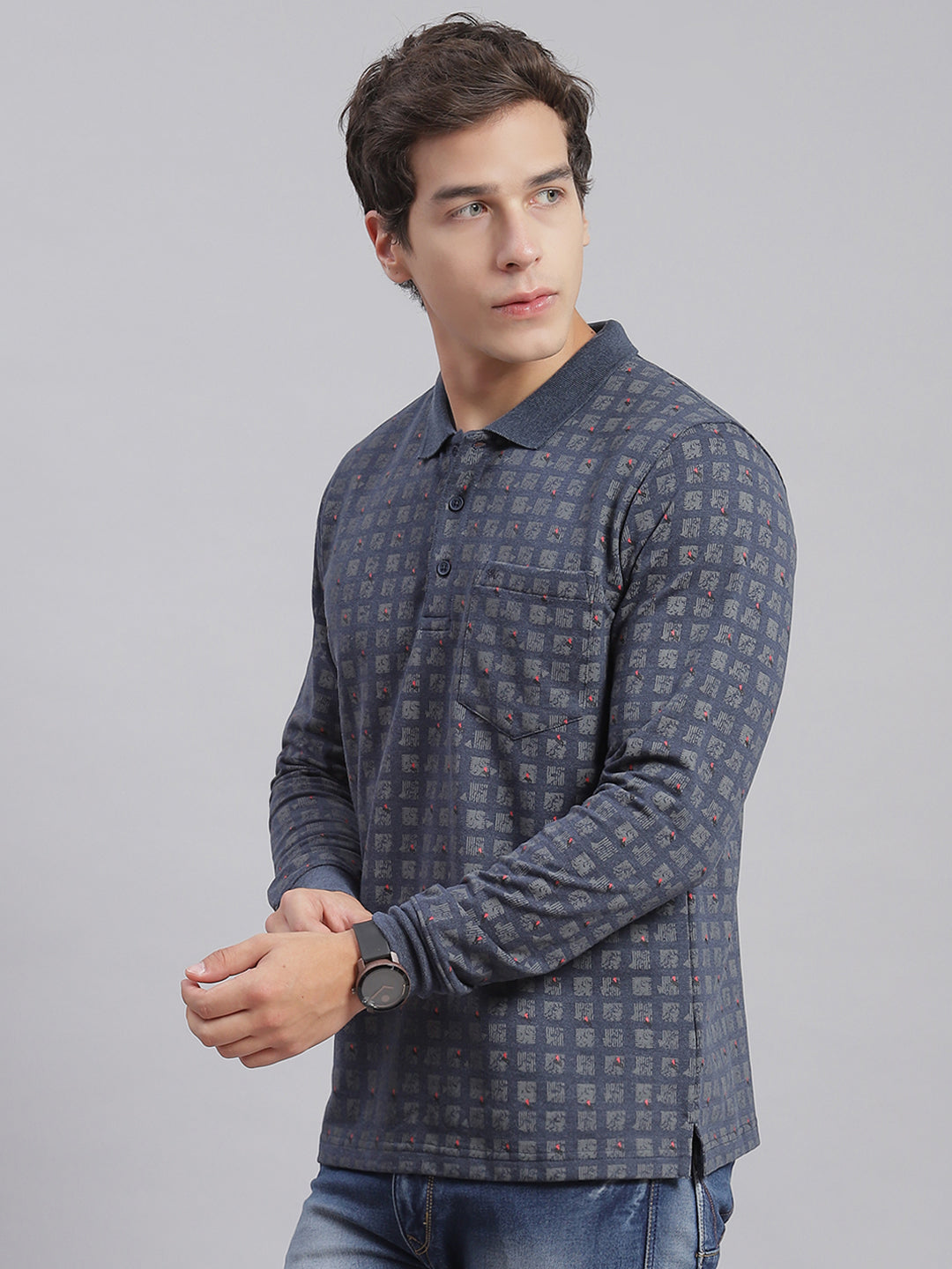 Men Grey Printed Collar Full Sleeve T-Shirts