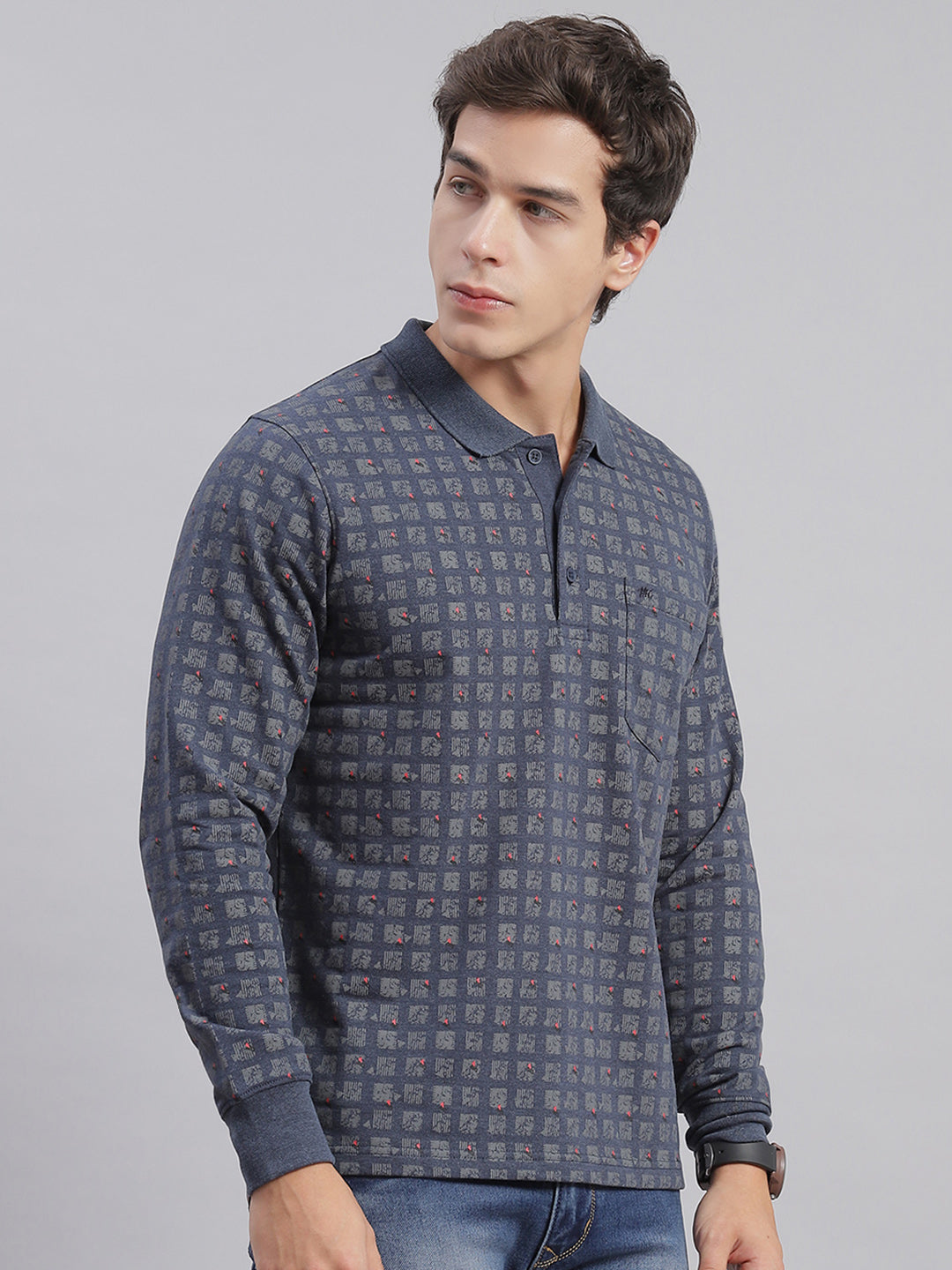Men Grey Printed Collar Full Sleeve T-Shirts