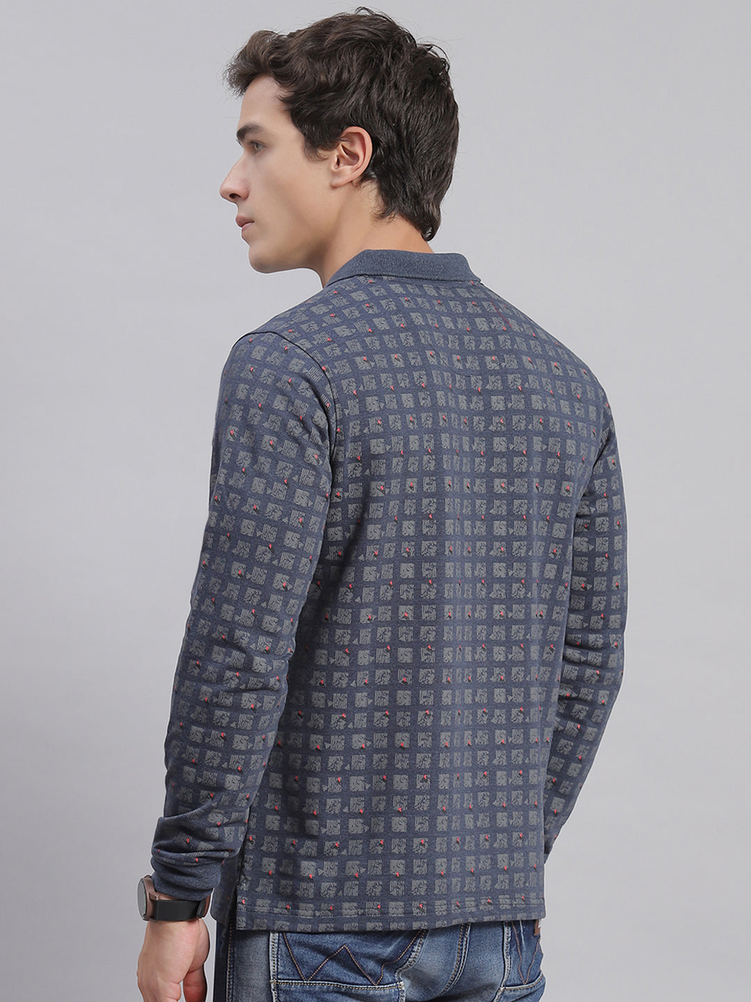 Men Grey Printed Collar Full Sleeve T-Shirts