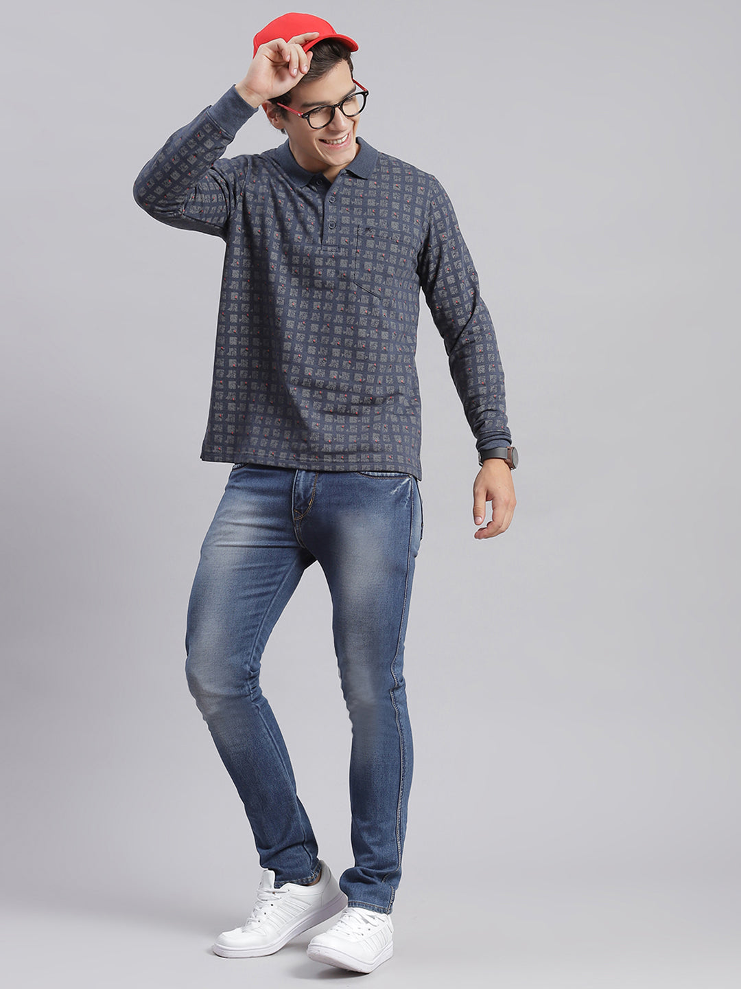 Men Grey Printed Collar Full Sleeve T-Shirts