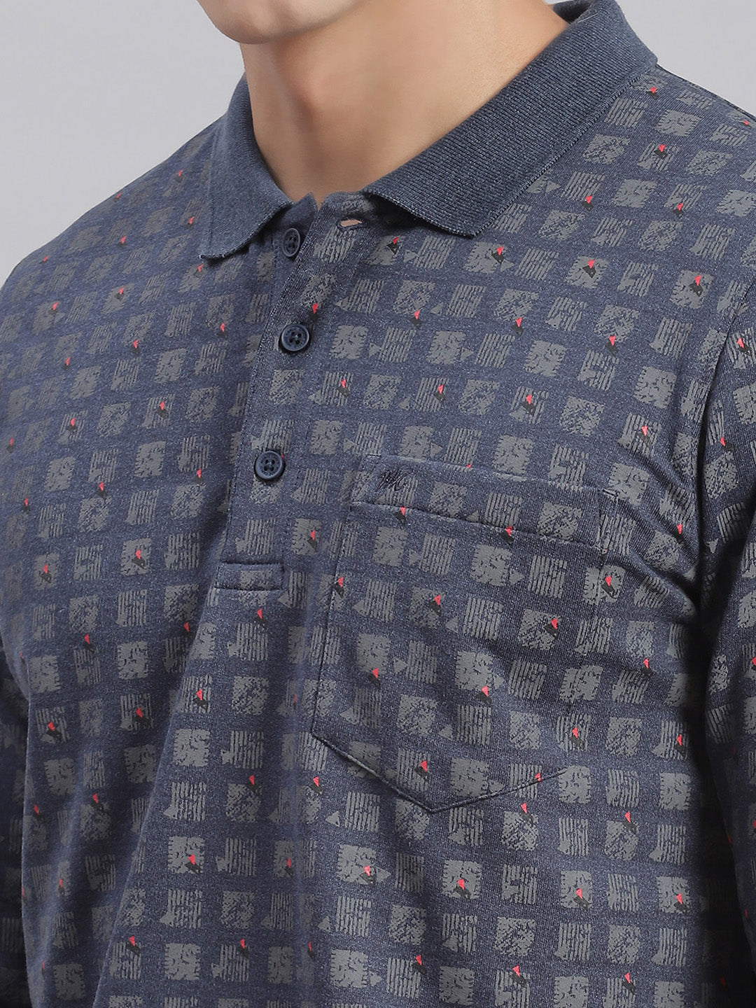 Men Grey Printed Collar Full Sleeve T-Shirts